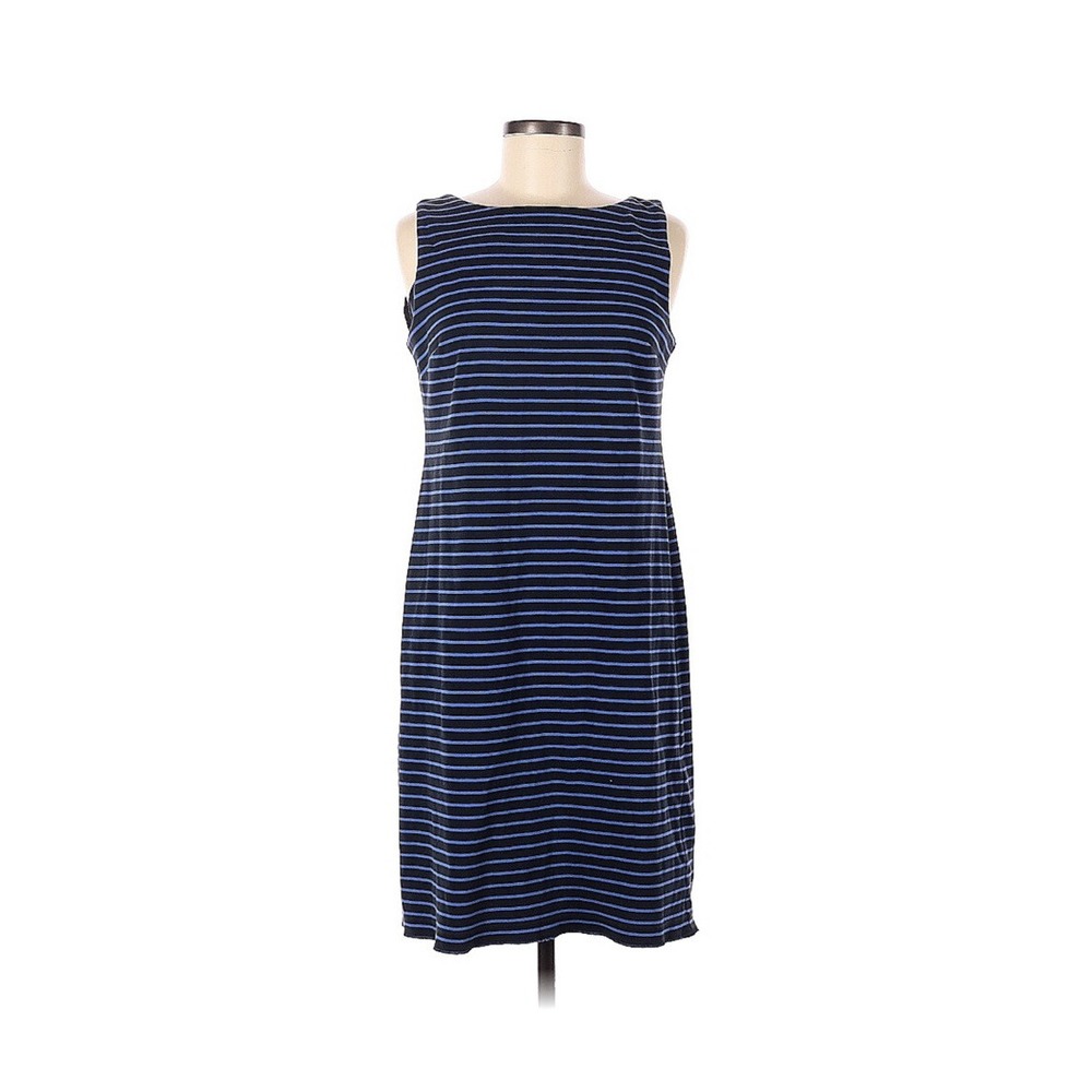 Talbots Size M Textured Stretch Knit Sheath Dress Navy & Blue Stripe Round Neck